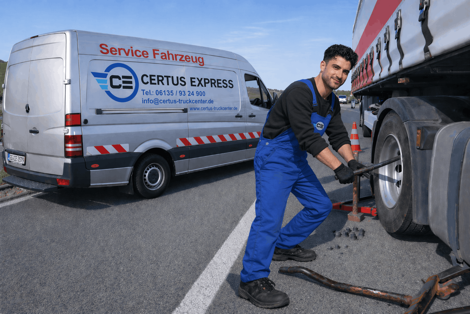 LKW Pannenhilfe und mobiler Reifenservice Certus Express auf der Autobahn bei Mainz Bodenheim.